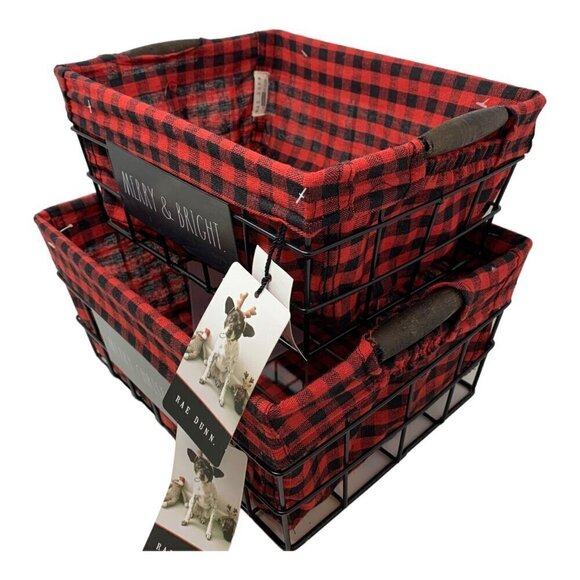 Rae Dunn Christmas Holiday Basket Set Home Gift Caddy Snacks Organize Red Check - Picture 2 of 10